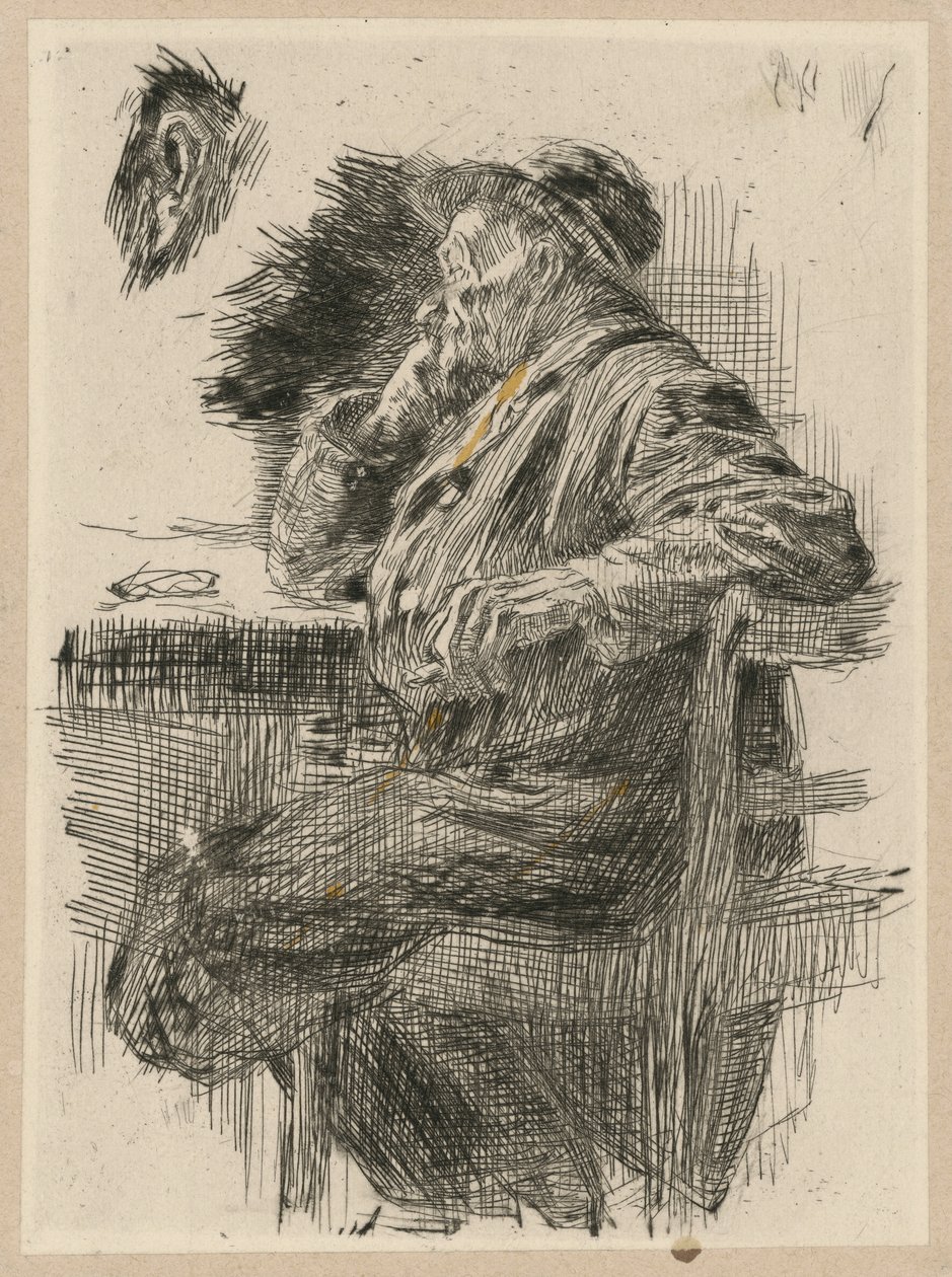 Mann som sitter ved et bord av Käthe Kollwitz