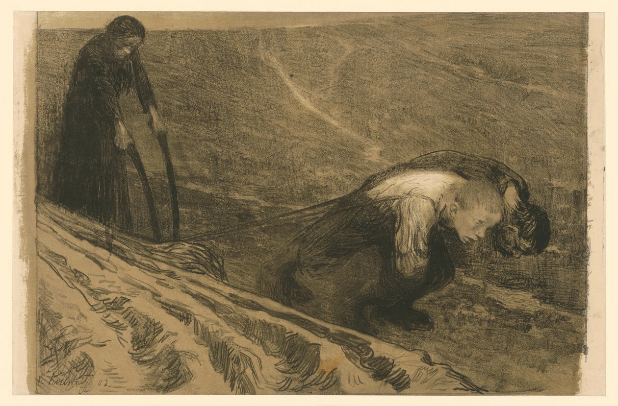 Plogtrekker og kvinne (Forkastet versjon til blad 1 fra «Bondekrigen», første tilstand) av Käthe Kollwitz