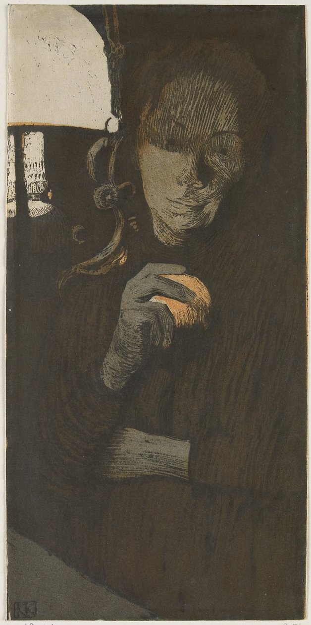 Portrett av en ukjent kvinne med oransje ved en lampe Frau mit Orange (original tittel) av Käthe Kollwitz