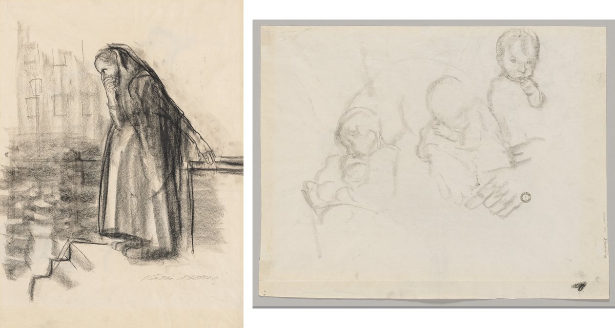 Gravid kvinne som vurderer selvmord (recto) Tre studier av et barn (verso) av Käthe Kollwitz