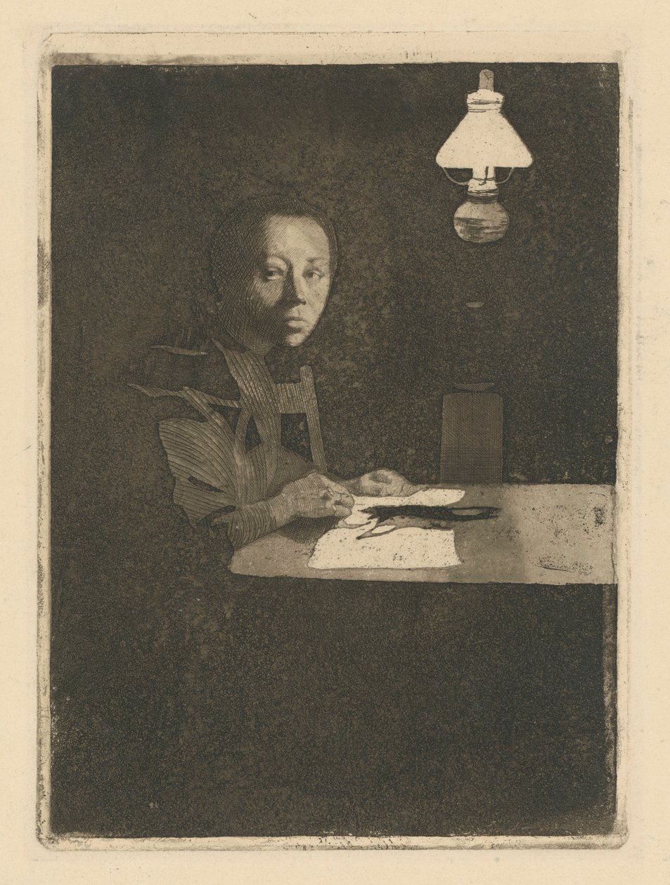 Selvportrett ved bordet (Endelig versjon, 3. tilstand) av Käthe Kollwitz