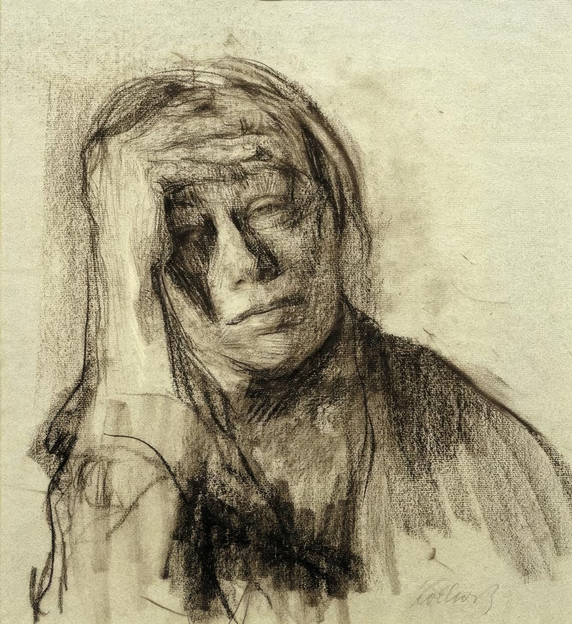 Selvportrett med støttet høyre arm, hånd på pannen av Käthe Kollwitz