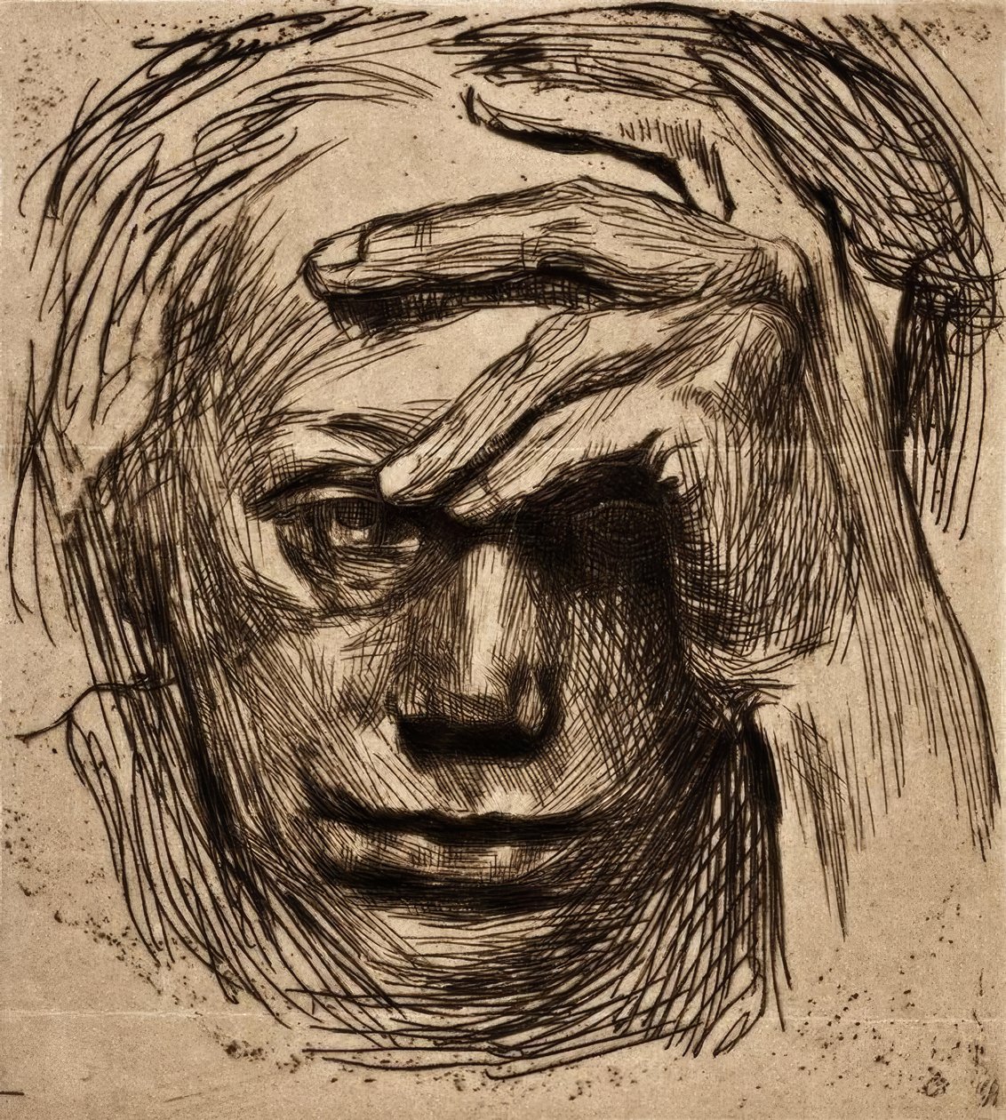 Selvportrett med hånd på pannen av Käthe Kollwitz