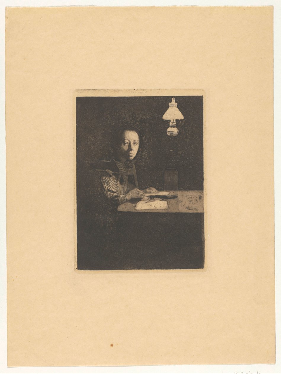 Portrett av en celle på bordet Selvportrett ved bordet (original tittel) av Käthe Kollwitz
