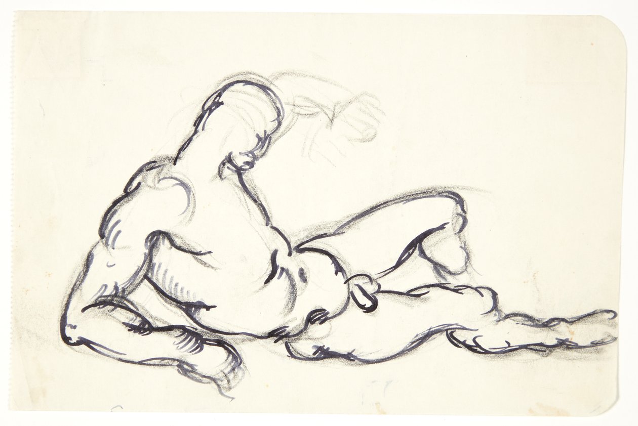 Studie av liggende naken mann. Studer for figuren til Adam i gruppen "The waking Eve" av Kai Nielsen