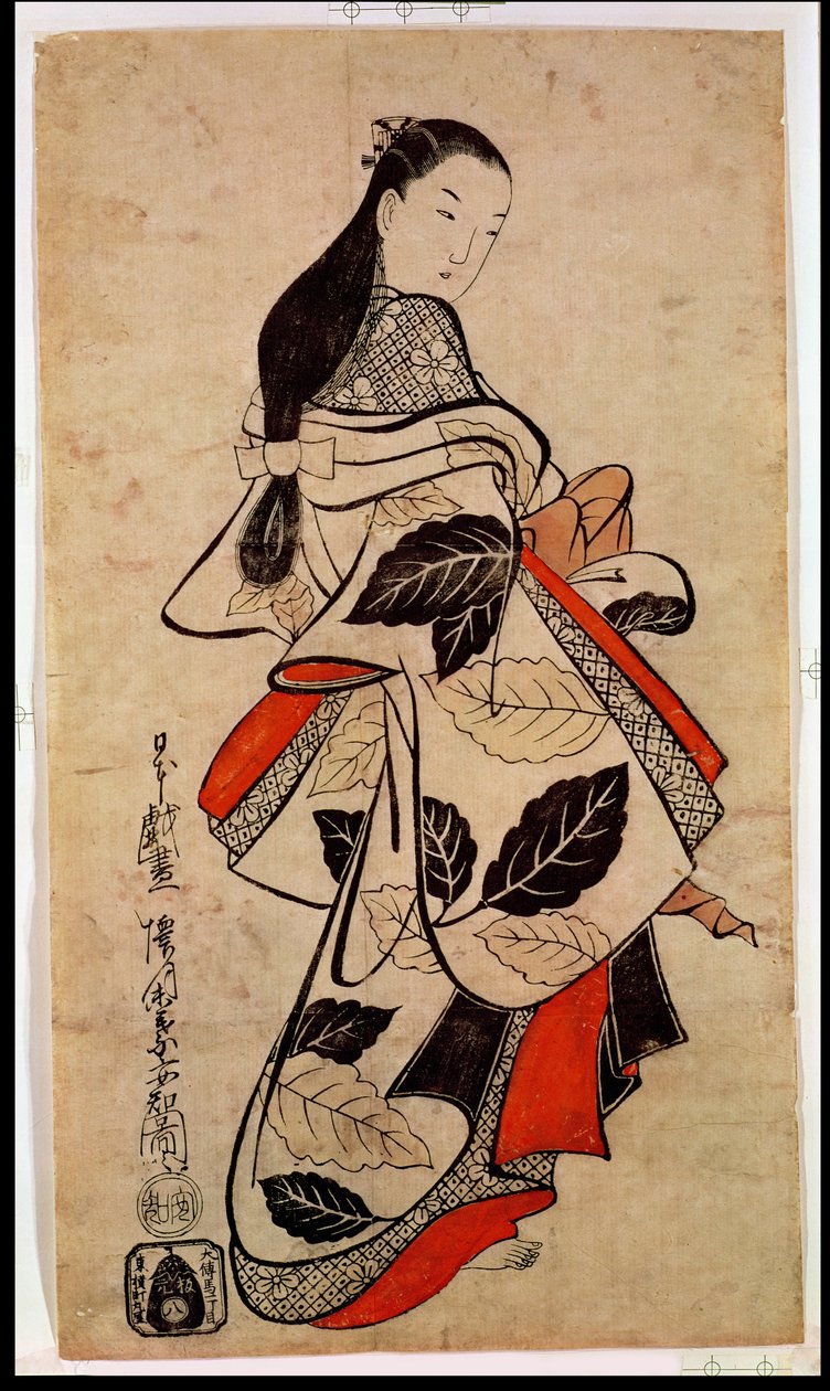 Stående kurtisane, pub. 1710, (kakemono-e størrelse, håndfarget treblokktrykk) av Kaigetsudo Anchi