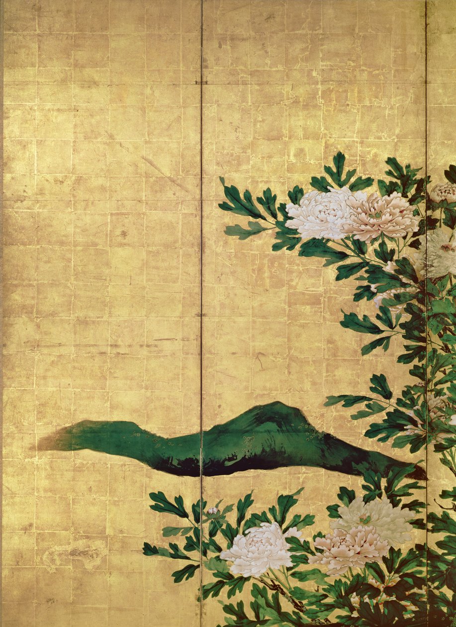 Detalj av blomster (blekk, farger og gull på papir) av Kaiho Yusho