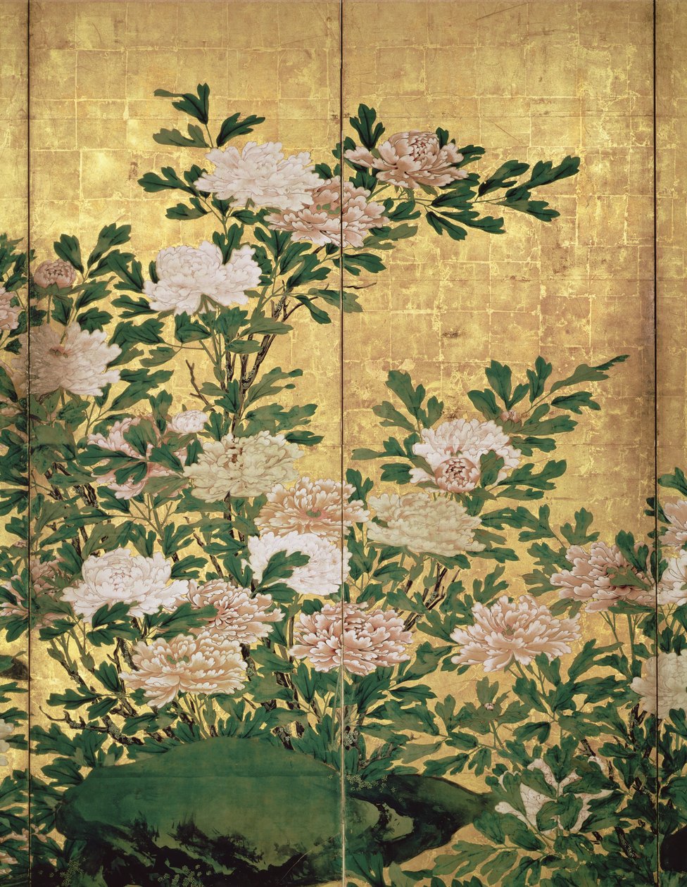 Detalj av blomster blekk, farger og gull på papir av Kaiho Yusho