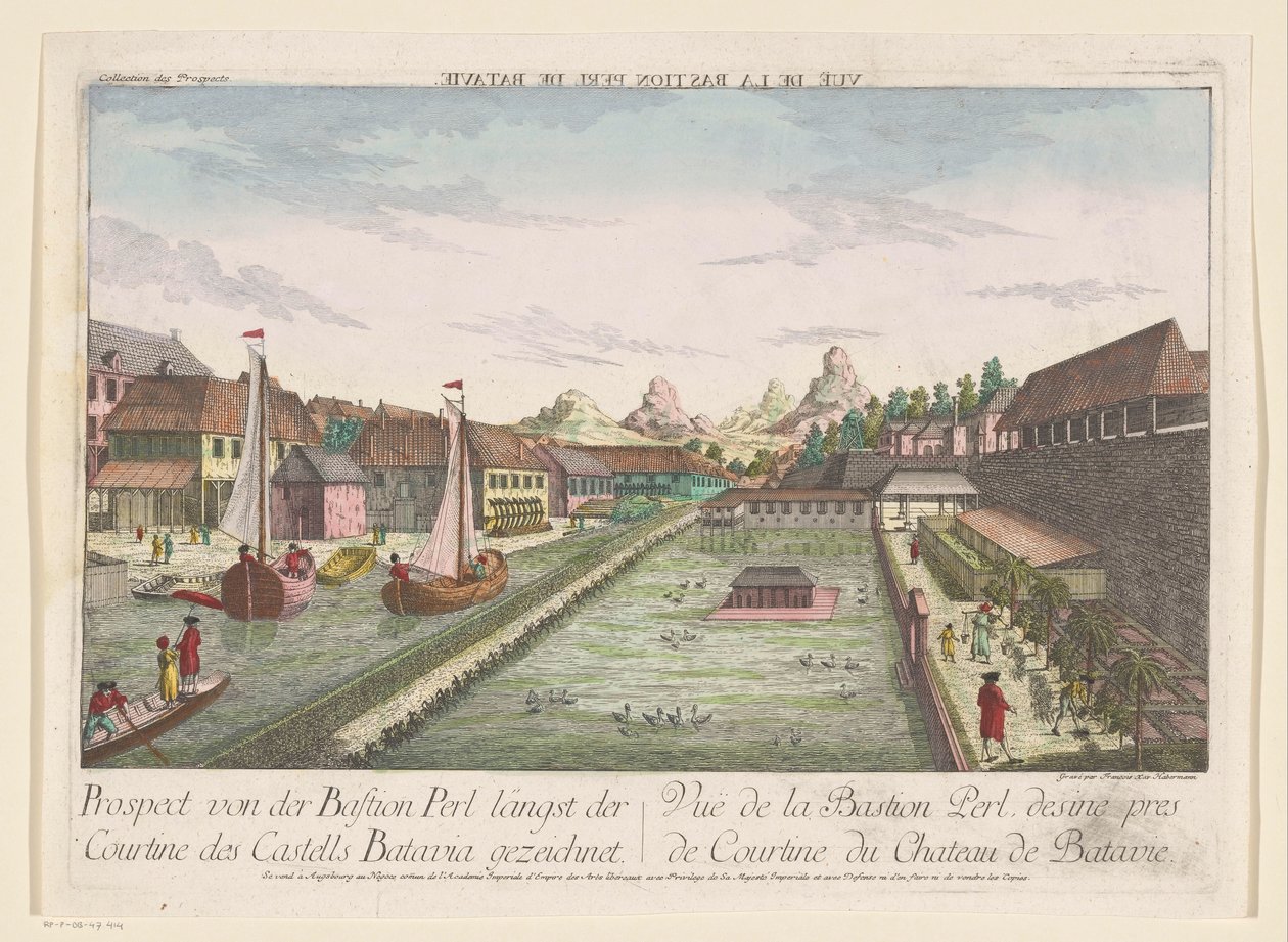 Utsikt over hjørnebastionen Parel, en del av Batavia slott Prospekt von der Bastion Perl langst der Courtine des Castells Batavia gezeichnet (tittel på objekt) av Kaiserlich Franziskische Akademie