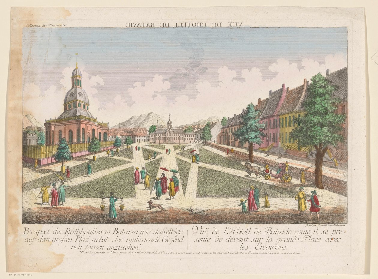 Se på stadhuset i de Nieuwe Hollandse Kerk te Batavia Prospektet til rådhuset i Batavia som det samme på den store plassen og området rundt fornen (tittel på objekt) av Kaiserlich Franziskische Akademie
