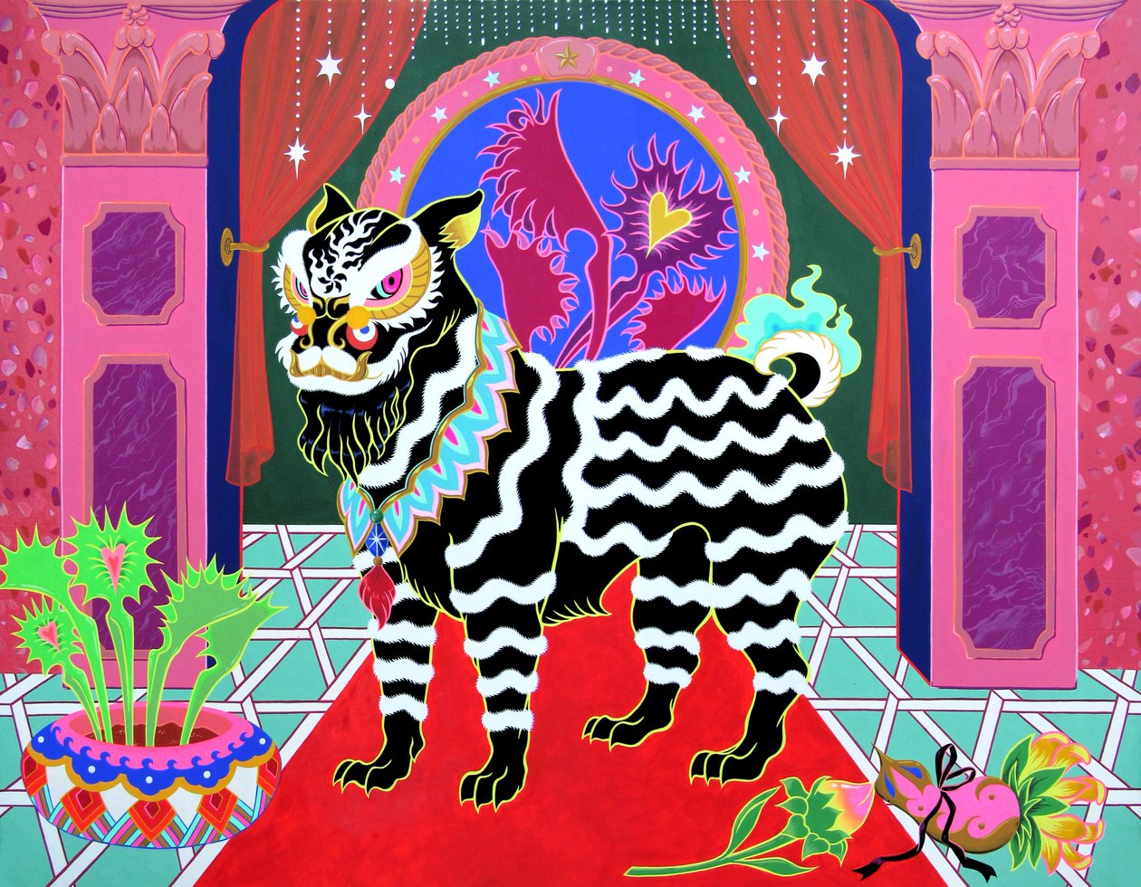 Black Lion Black Ribbon, 2021 (akryl på panel) av Kam Tsz