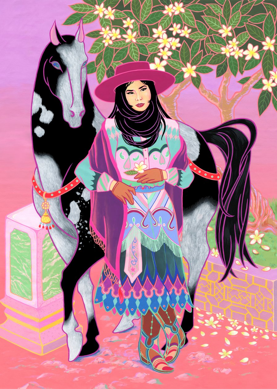 Cantones Cowgirl Waiting Under Plumeria, 2020 (akryl på bomull) av Kam Tsz