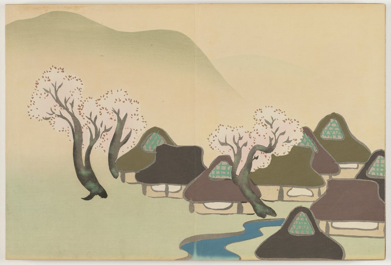 Flowers of a Hundred Worlds (Momoyogusa): Farming Village in Spring (Harudenka) av Kamisaka Sekka