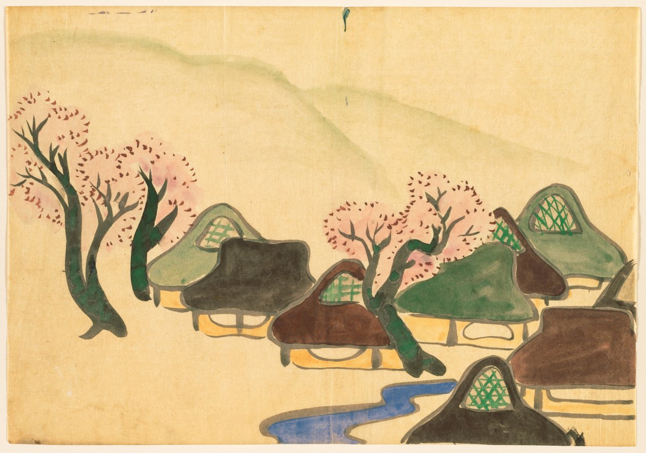 Flowers of a Hundred Worlds (Momoyogusa): Farming Village in Spring (Harudenka) av Kamisaka Sekka