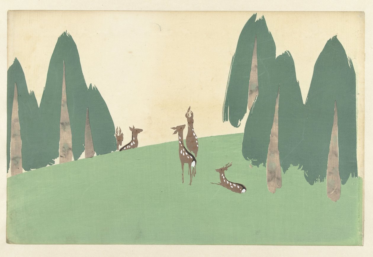 Kasugano hjort, 1909 (treblokktrykk) av Kamisaka Sekka