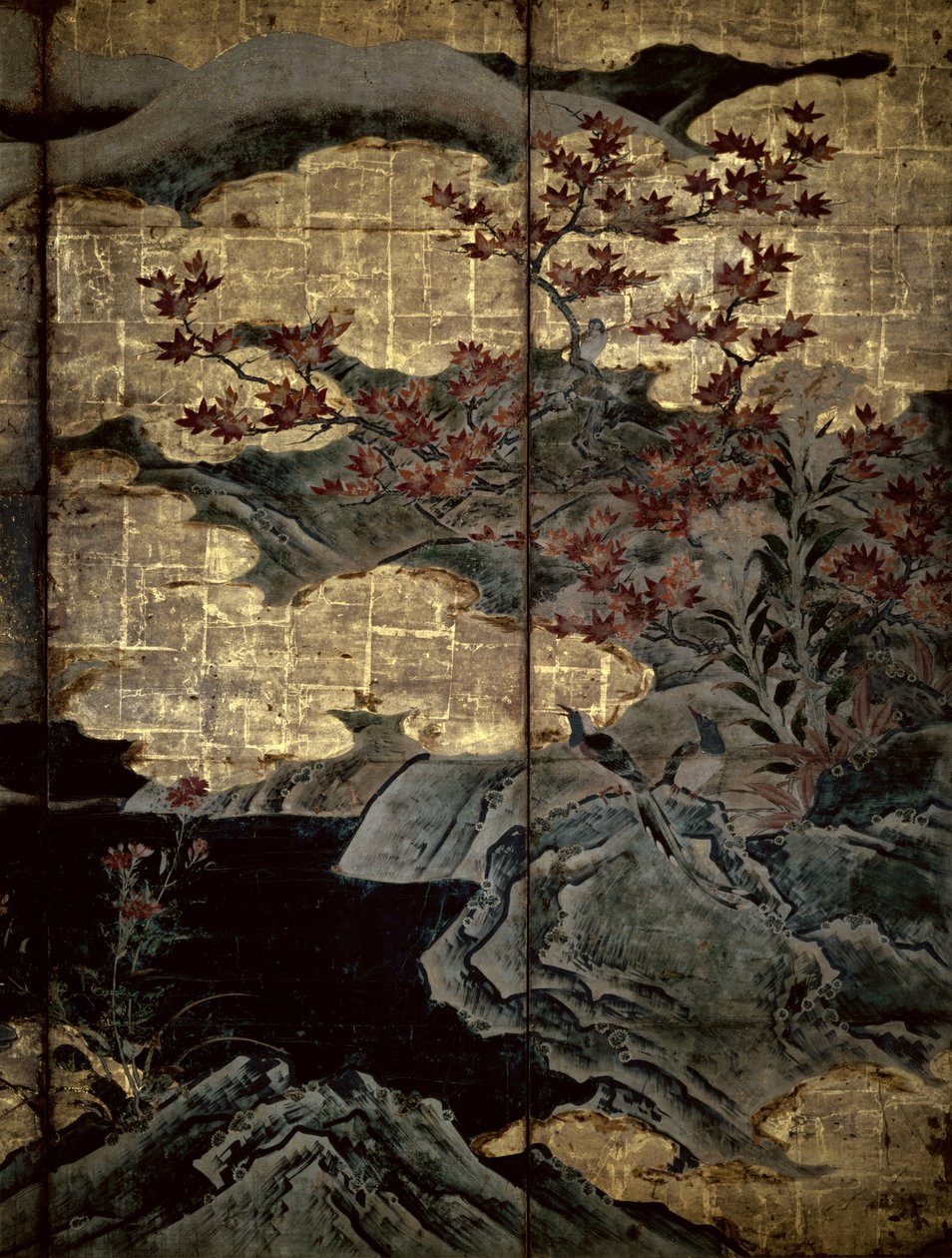 Birds and Flowers of the Four Seasons (penn og blekk, farge, gullpapir på panel) (se 216552, 216551) av Kano Soshu