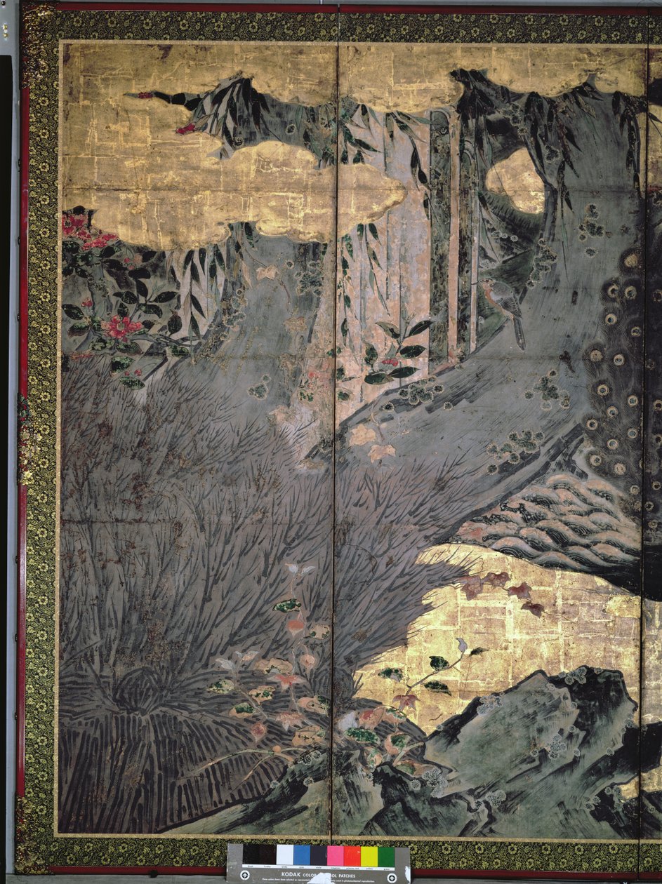 Birds and Flowers of the Four Seasons (penn og blekk, farge, gullpapir på panel) (se 216552, 216553) av Kano Soshu