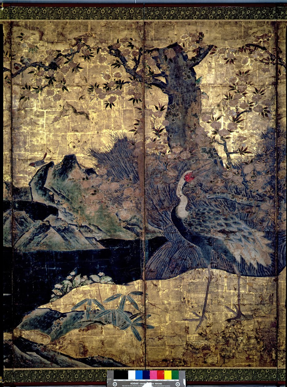 Birds and Flowers of the Four Seasons (penn og blekk, farge, gullpapir på panel) (se 216554, 216556) av Kano Soshu