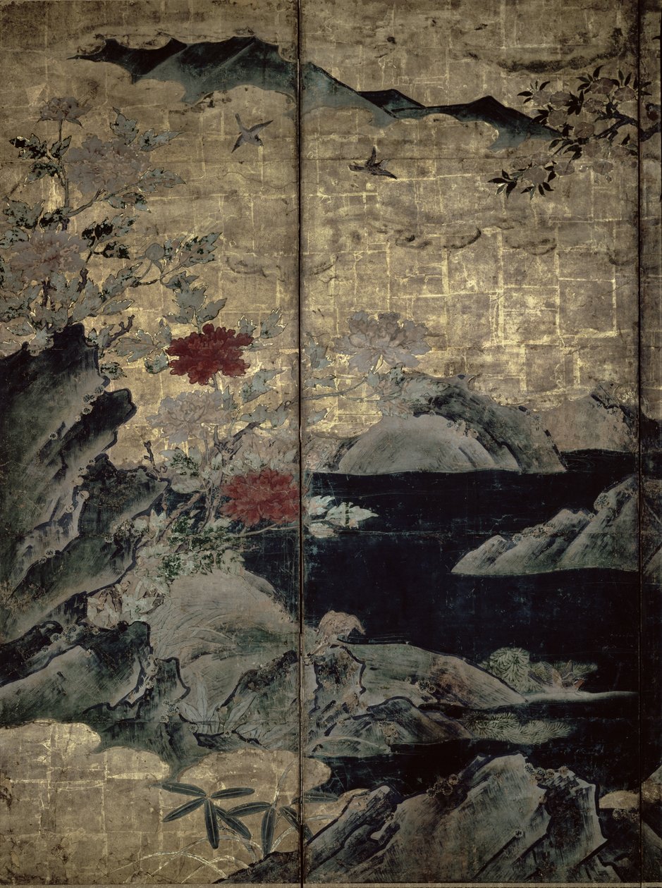 Birds and Flowers of the Four Seasons (penn og blekk, farge, gullpapir på panel) (se 216555, 216556) av Kano Soshu