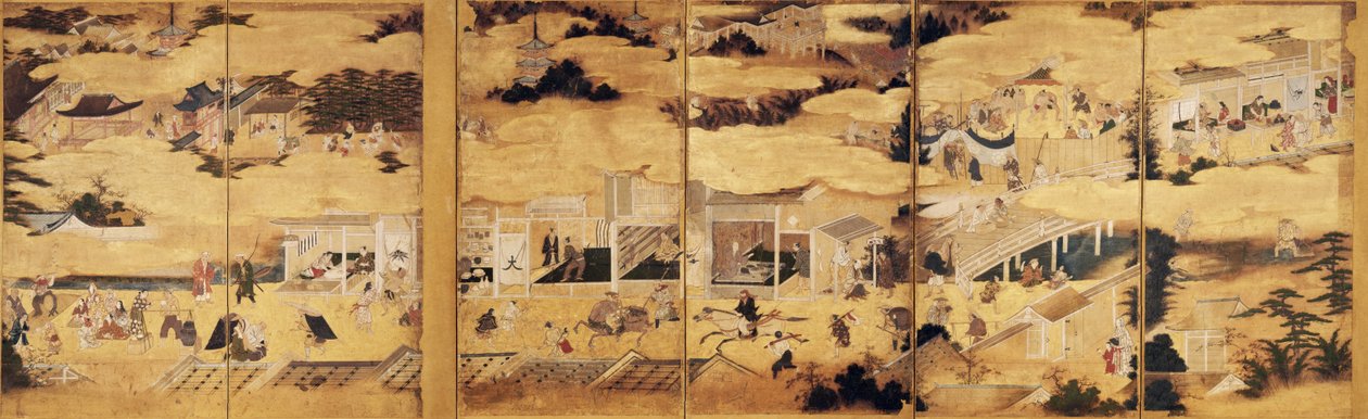 Scener i og rundt hovedstaden, par seks ganger byobu av Kano Takanobu