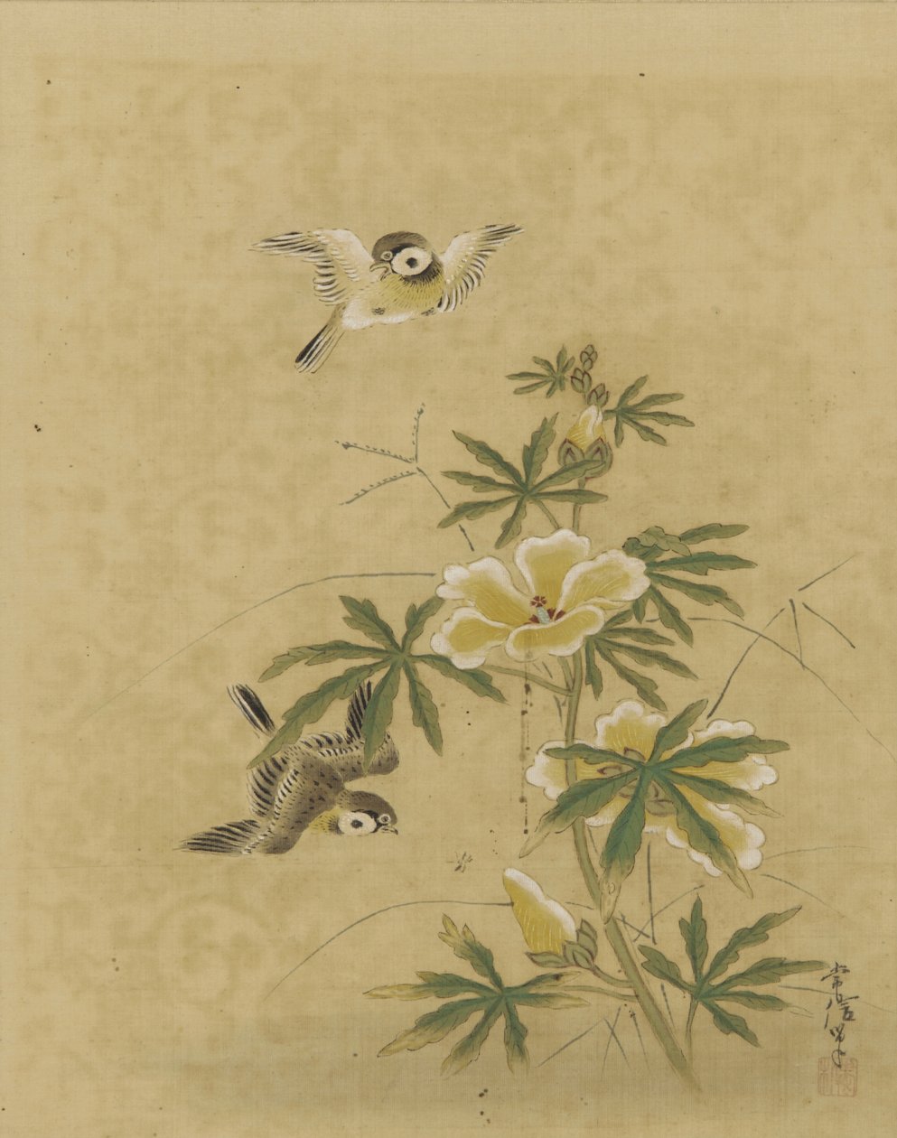 Fugler og blomster, Edo-perioden, midten av 1600- og begynnelsen av 1700-tallet (blekk og farge på silke) av Kano Tsunenobu