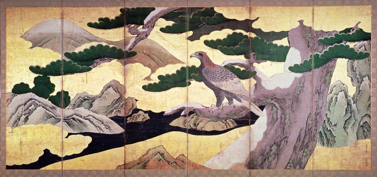 The Hawks in the Pines, 6 panel foldeskjerm (penn og blekk, farge, gull på panel) (se 216561) av Kano Eitoku