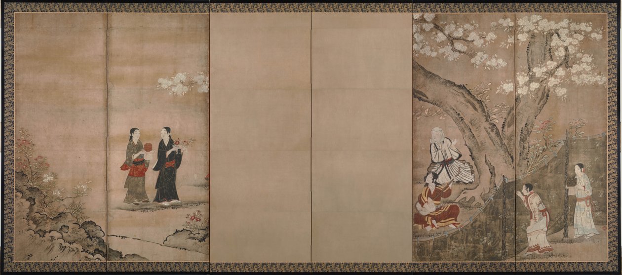 Gledelig under aronia blomstrer. Høyre for et par seksdelte foldeskjermer, 1700-tallet av Kano Isenin Naganobu