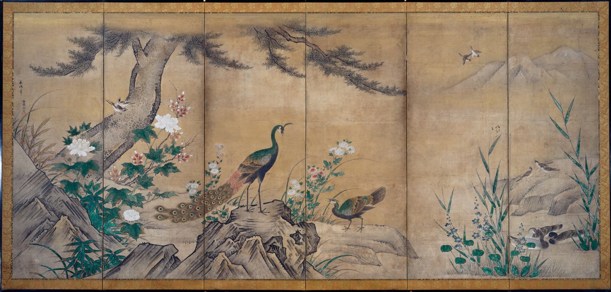 Fugler, trær og blomster, sent på 1500-tallet. av Kano Mitsunobu