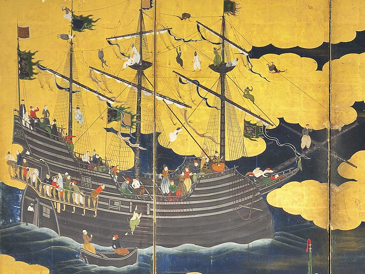 Detalj av Southern Barbarians Come to Trade, et par skjermer med seks paneler, tidlig på 1600-tallet av Kano Naizen