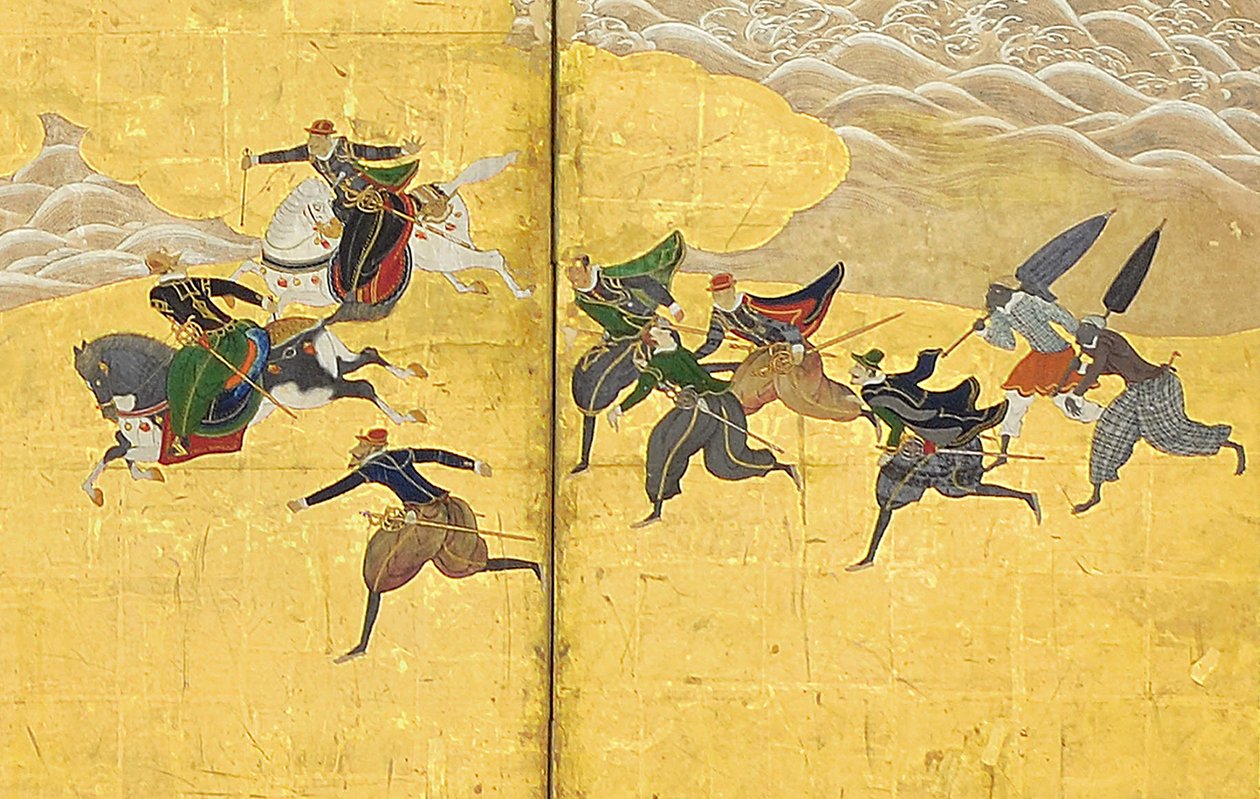 Detalj av Southern Barbarians Come to Trade, et par skjermer med seks paneler, tidlig på 1600-tallet av Kano Naizen