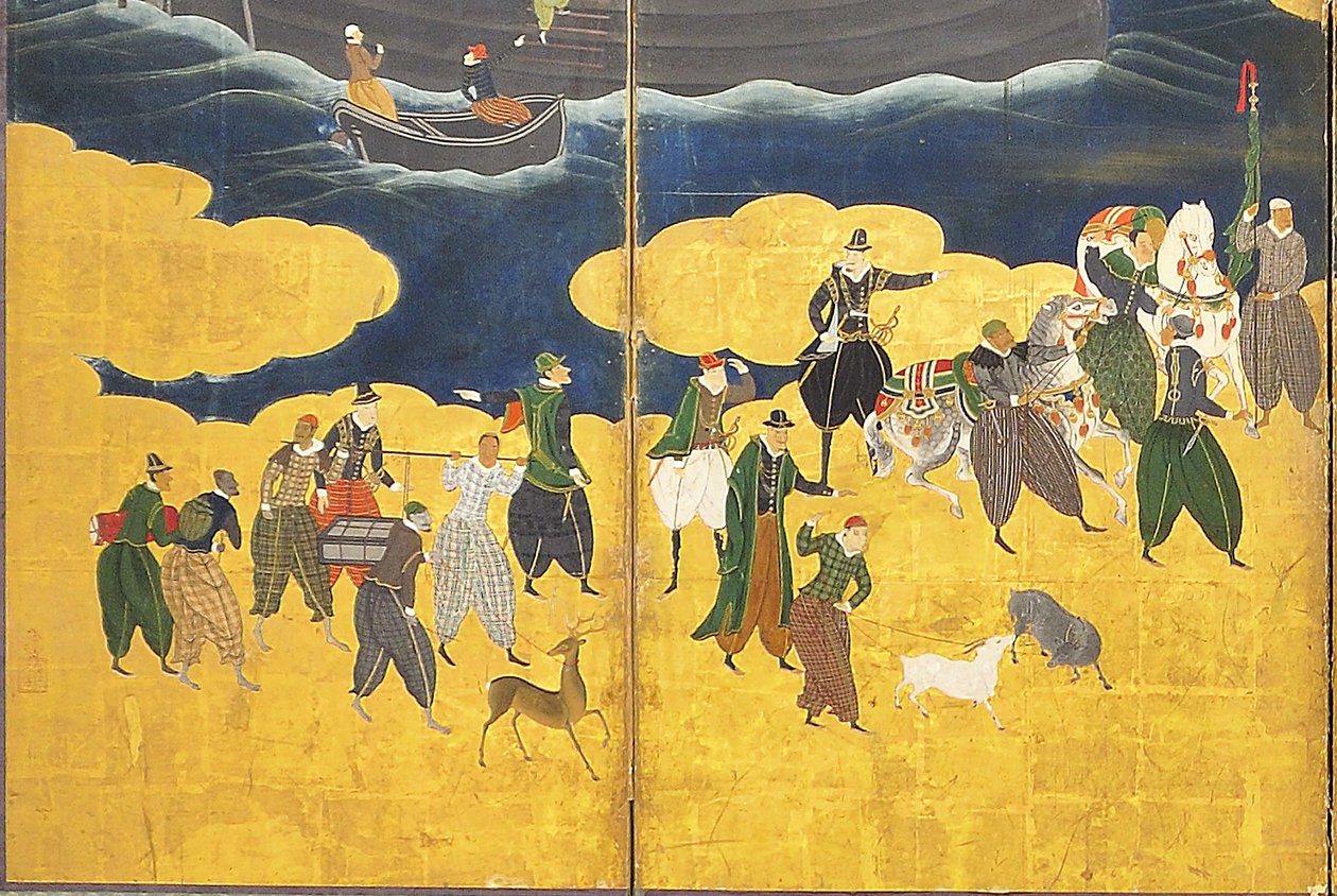 Detalj av Southern Barbarians Come to Trade, et par skjermer med seks paneler, tidlig på 1600-tallet av Kano Naizen