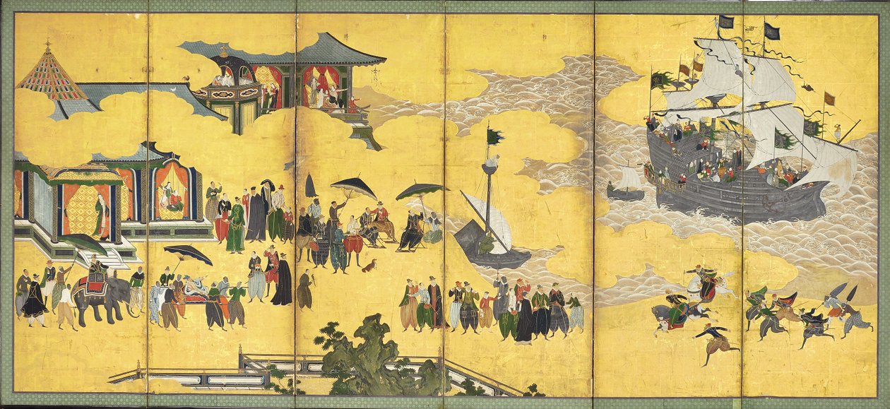 Southern Barbarians Come to Trade, et par skjermer med seks paneler, tidlig på 1600-tallet av Kano Naizen