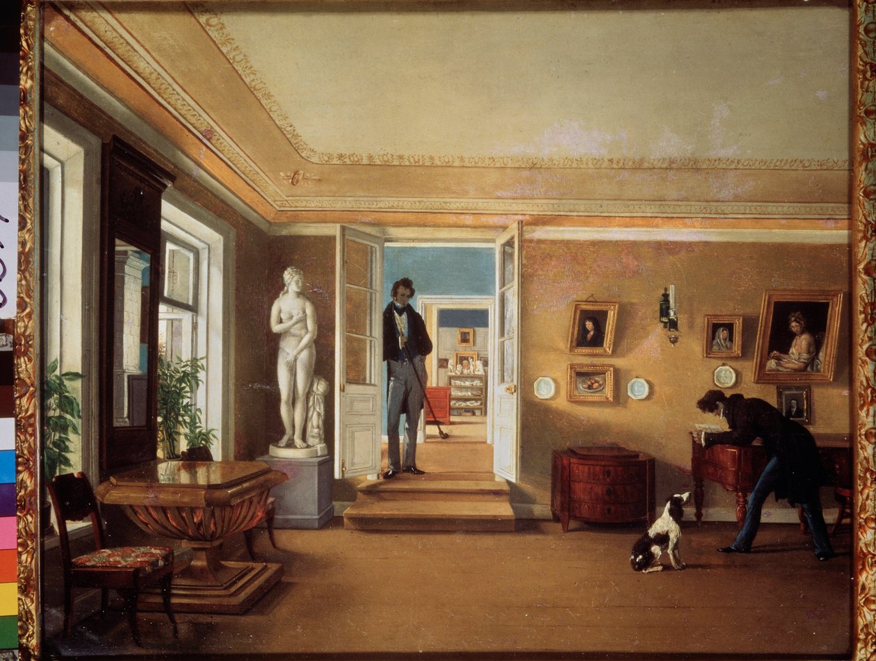I rommet (En mann leker med en hund, mens en annen observerer dem) - I rommet - Maleri av Kapiton Alexeyevich Zelentsov (1790-1845), olje på lerret - Russisk kunst av Kapiton Alekseevich Zelentsov