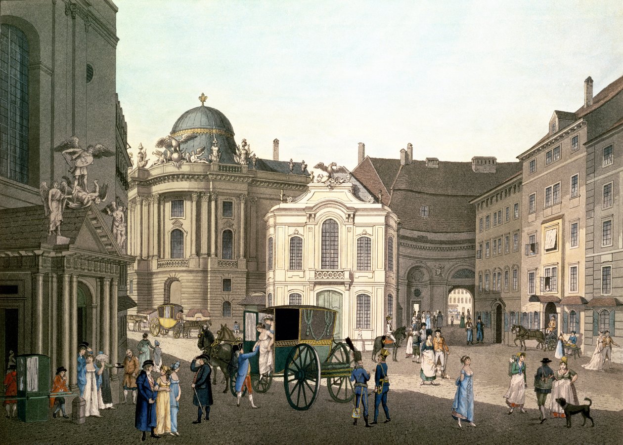 Utsikt over Michaelerplatz som viser det gamle Burgtheater (håndfarget gravering) av Karel Postl