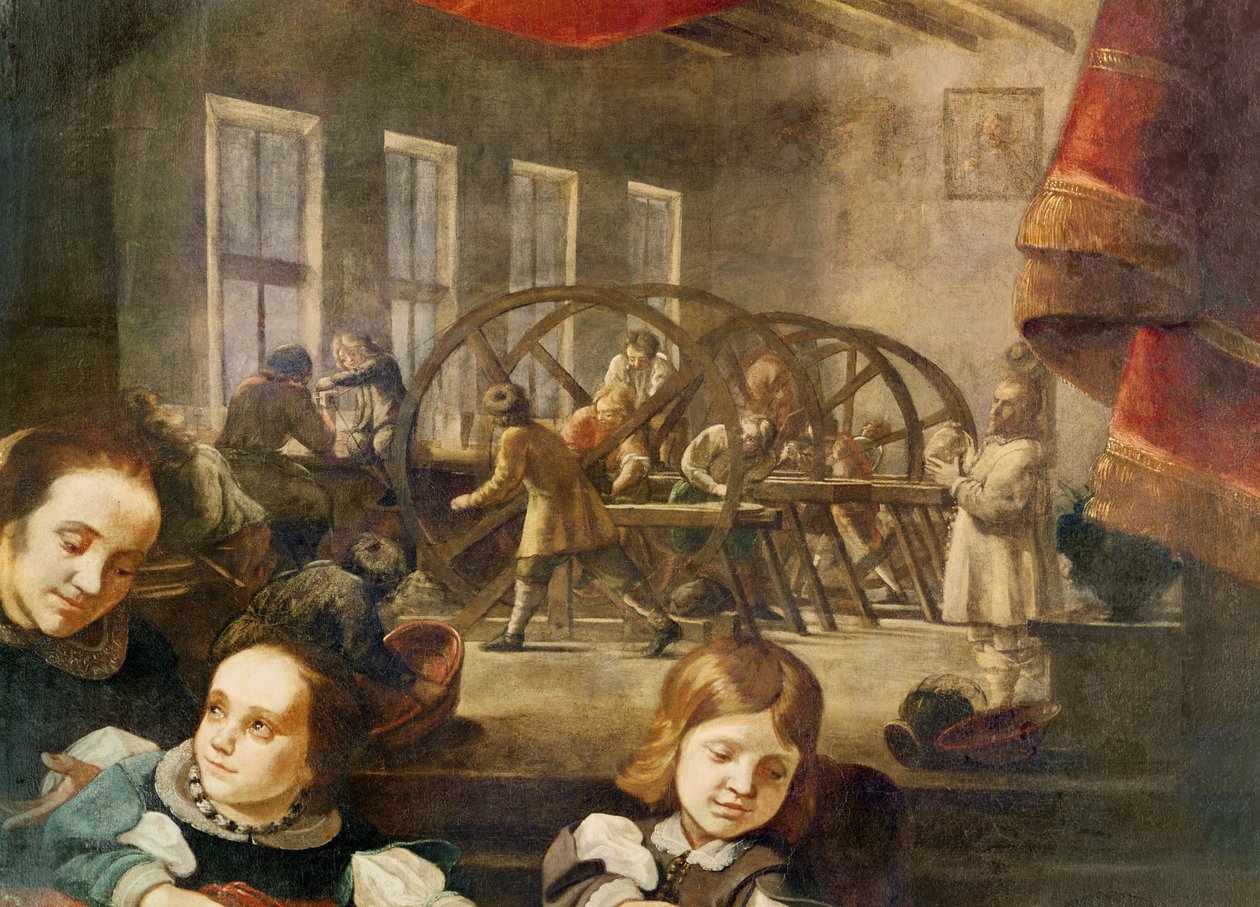 Detalj fra et portrett av edelsteinsskjærer Dyonis Miseroni og familie, som viser gravering på glass i verkstedet hans, 1653 av Karel Škréta