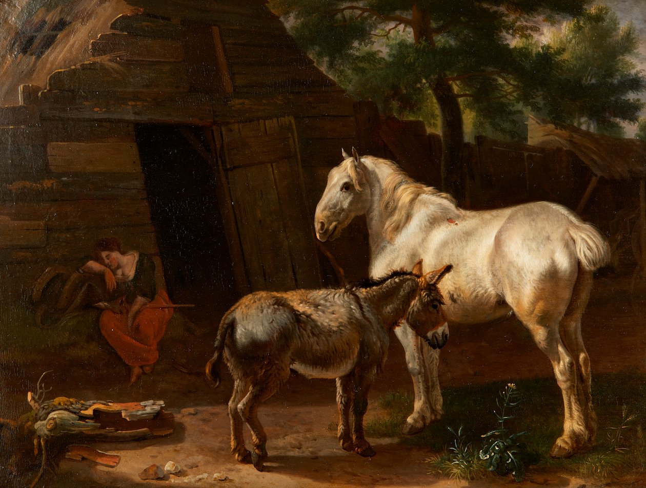 The Sleeping Farm Girl (olje på panel) av Karel (attr.to) Dujardin