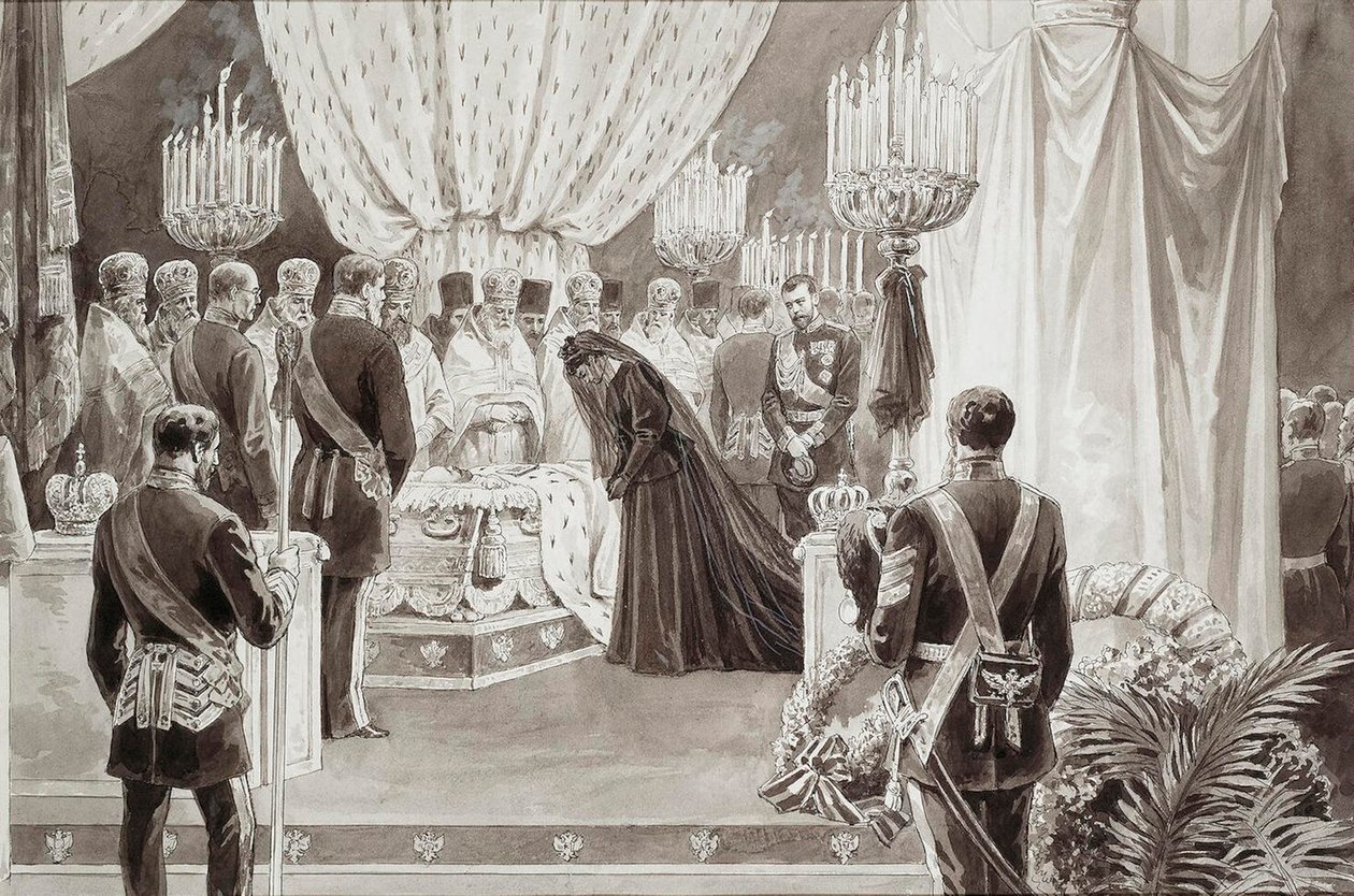 Begravelse av keiser Alexander III i Sts Peter og Paul-katedralen i St Petersburg, 1894. av Karel Brozh
