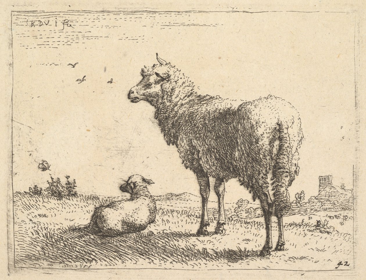 En moden sau i trekvart sett står og ser til venstre, ved siden av den ligger et lam..., ca. 1655. av Karel Du Jardin