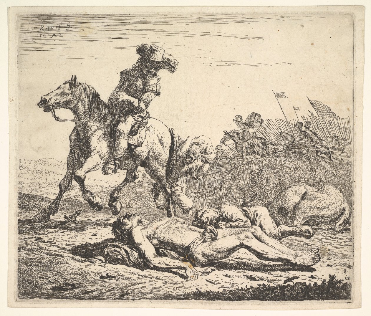 Slagmark med rytter som ser over venstre skulder mot avkledd lik på gro..., 1652. av Karel Du Jardin