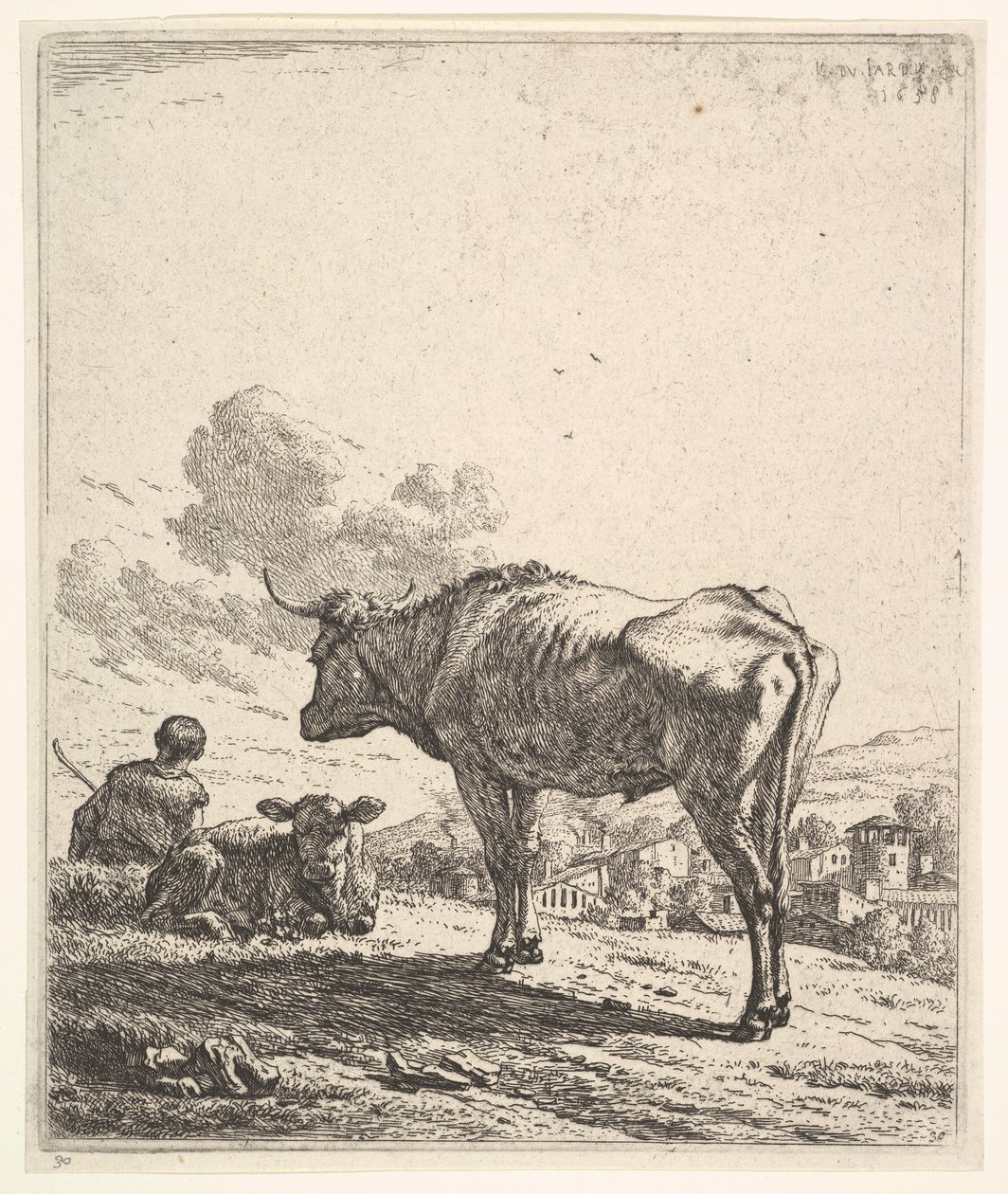 Kohyr med ku og kalv i en åsside, kuhyrden sett bakfra og sittende i ..., 1658. av Karel Du Jardin