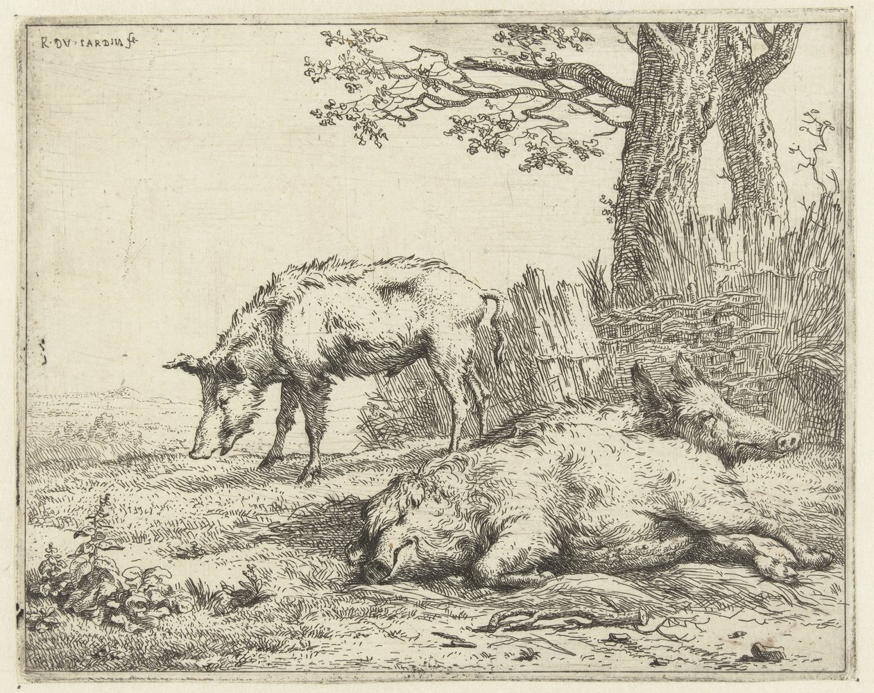 Tre villsvin ved en hekk av Karel Du Jardin