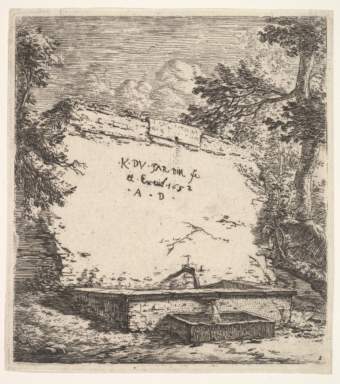 Frontispice med trappefontene, en steinmur med vanntut som tømmer vann i en rek..., 1652. av Karel Du Jardin