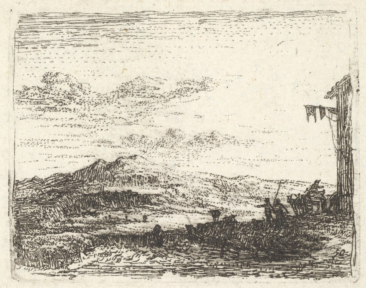 Landskap med hjørne av bygning og markise helt til høyre, to figurer og en hest-..., ca. 1641-78. av Karel Du Jardin