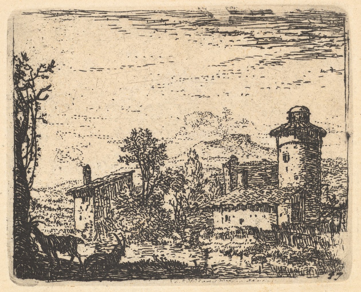 Landskap med to horngeiter i skyggen i venstre forgrunn, landsbybygninger bey..., ca. 1641-78. av Karel Du Jardin