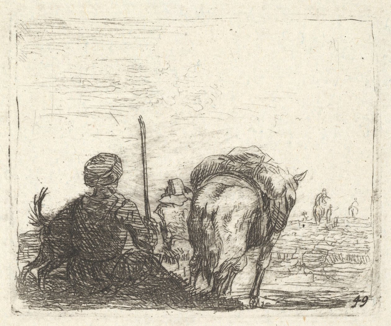 Pakkehest, sittende mann med stav i høyre hånd og hund, alt sett bakfra..., ca. 1641-78. av Karel Du Jardin