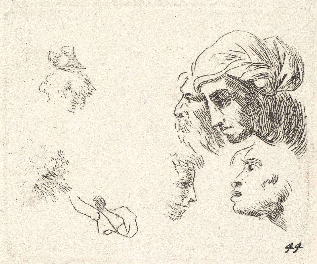 Studie av hoder i profilvisning, en kvinne med hodekledning og skjeggete mann hvis hoder ..., ca. 1641-78. av Karel Du Jardin