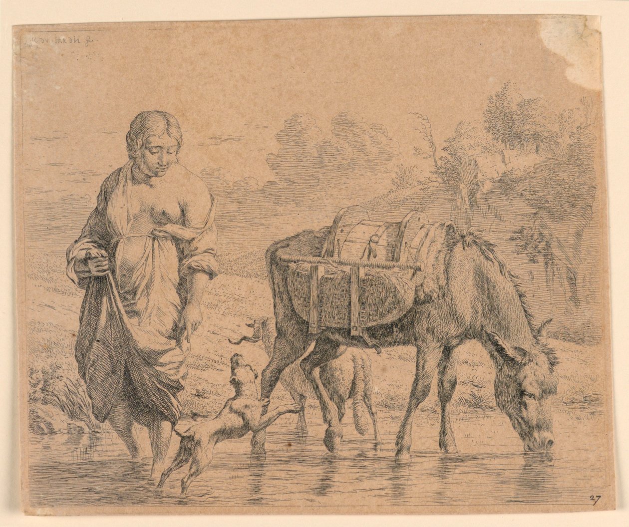 Landskvinnen og sumpteren krysser en bekk av Karel Du Jardin