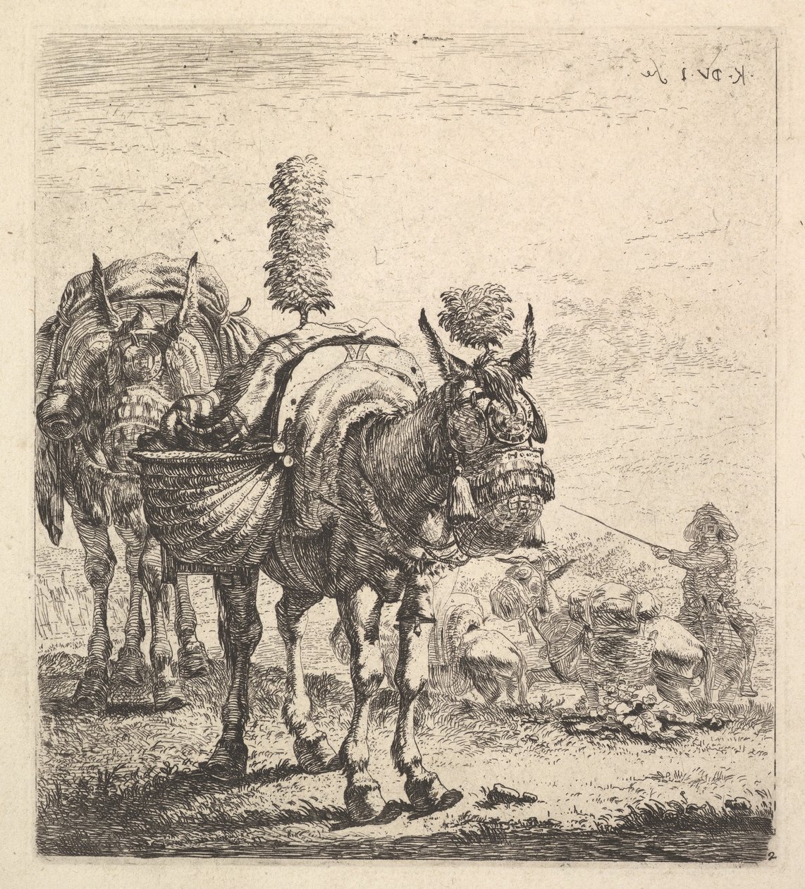To muldyr med bærevesker og utstyrt med skylapper, skygger og dusker, en mu..., ca. 1641-78. av Karel Du Jardin