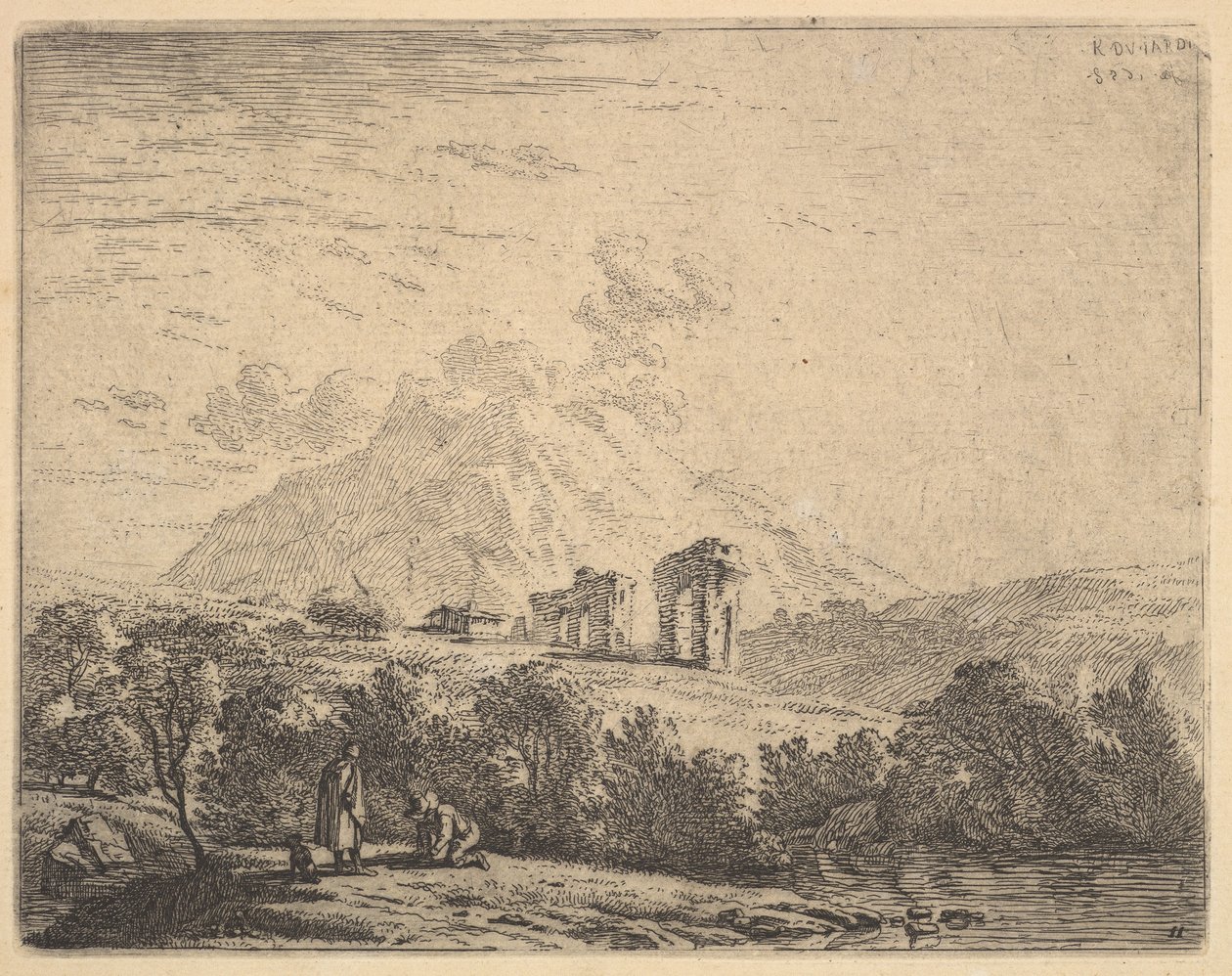 Utsikt over åssiden med ruiner, en akvedukt og en fjellknaus bortenfor, i forgrunnen en m..., 1658. av Karel Du Jardin
