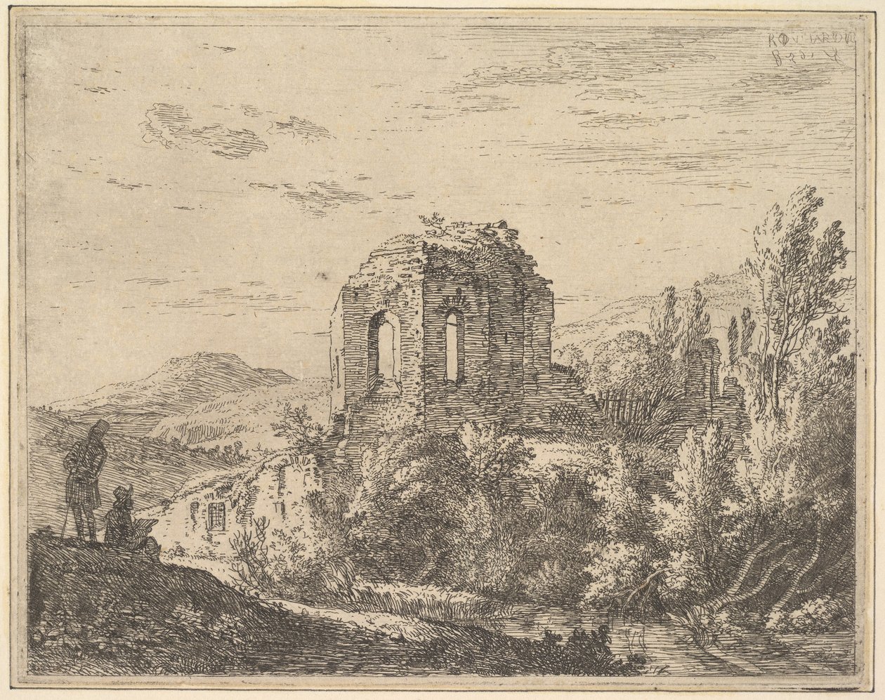 Utsikt over ruiner som viser hjørnet av en bygning med to buede vinduer, i et landskap med..., 1658. av Karel Du Jardin